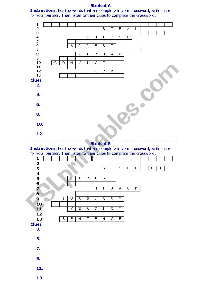 Vocab: Crime vocabulary pairs crossword