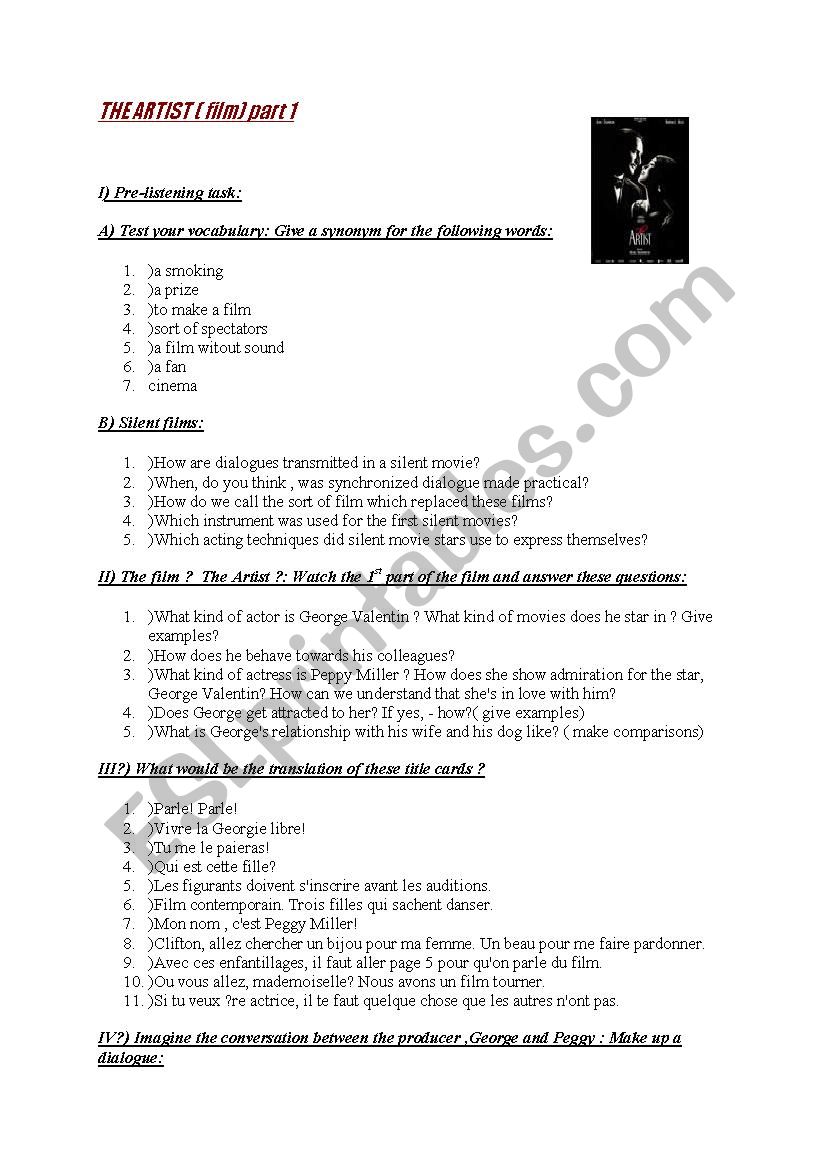 Film The Artist worksheet