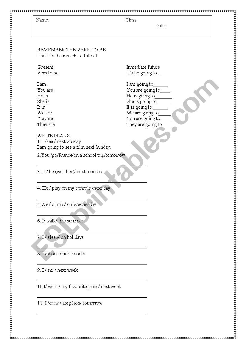 inmediate future worksheet