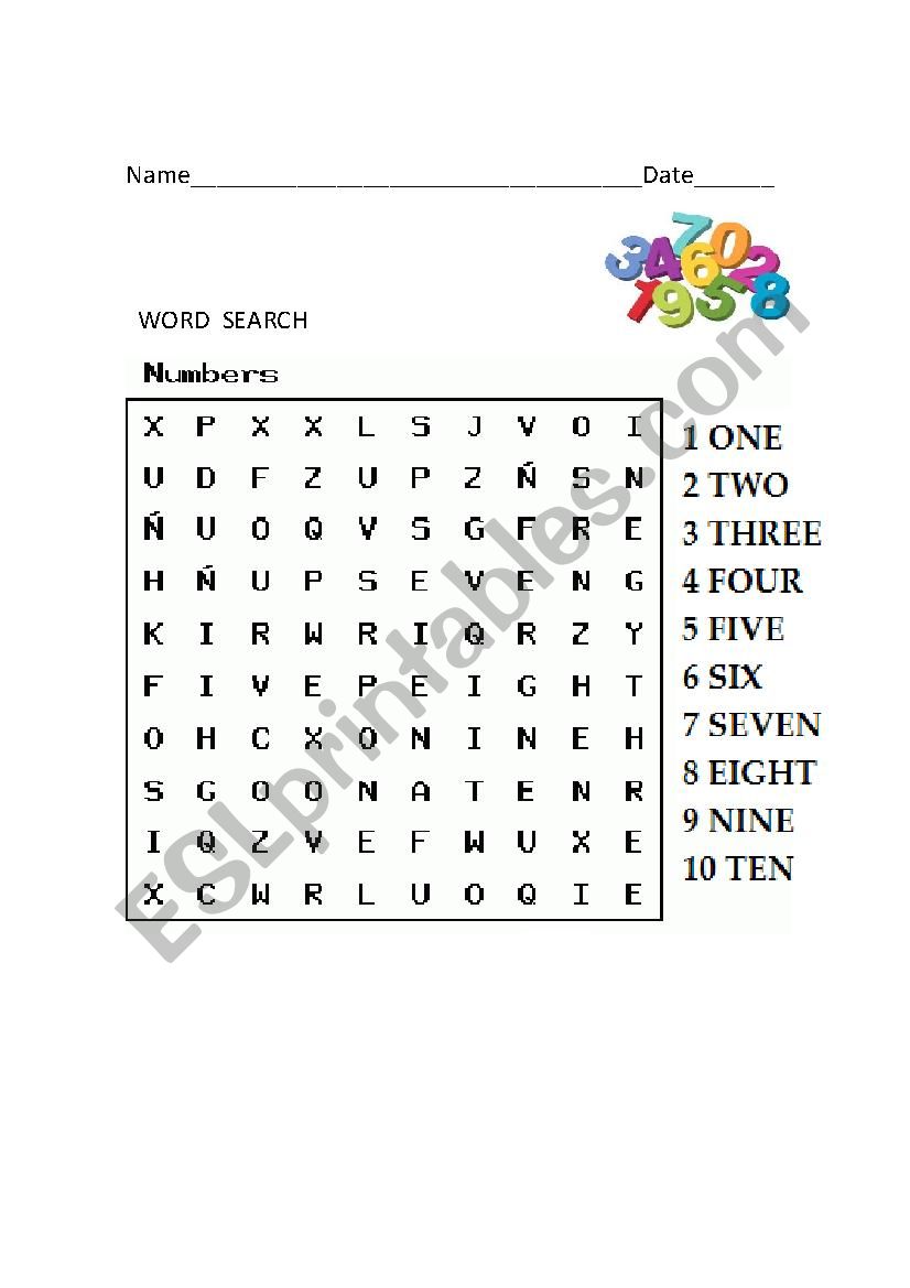 Number word search worksheet