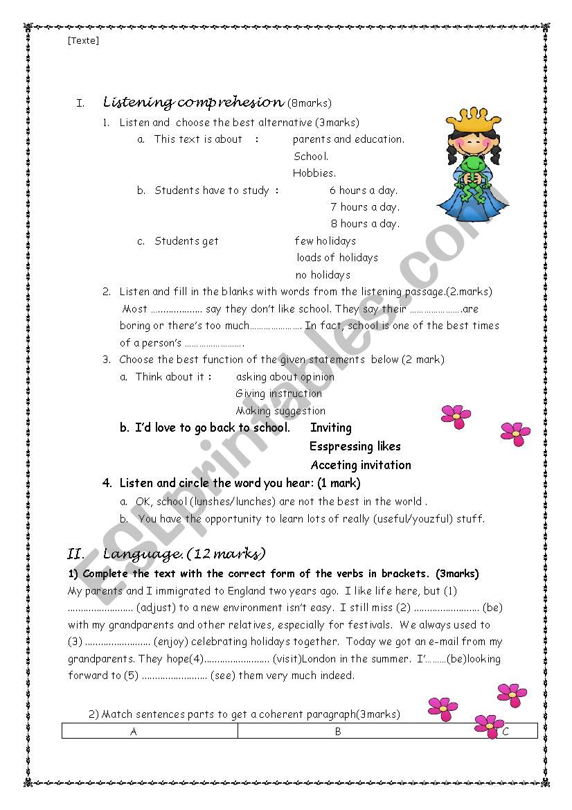 exam worksheet