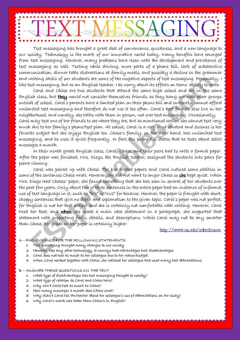TEXT MESSAGING AND TEENS  worksheet