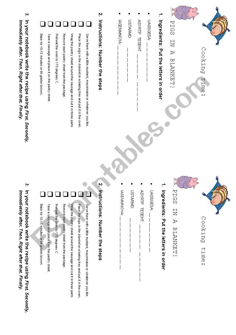 Cooking PIGS IN A BLANKET worksheet