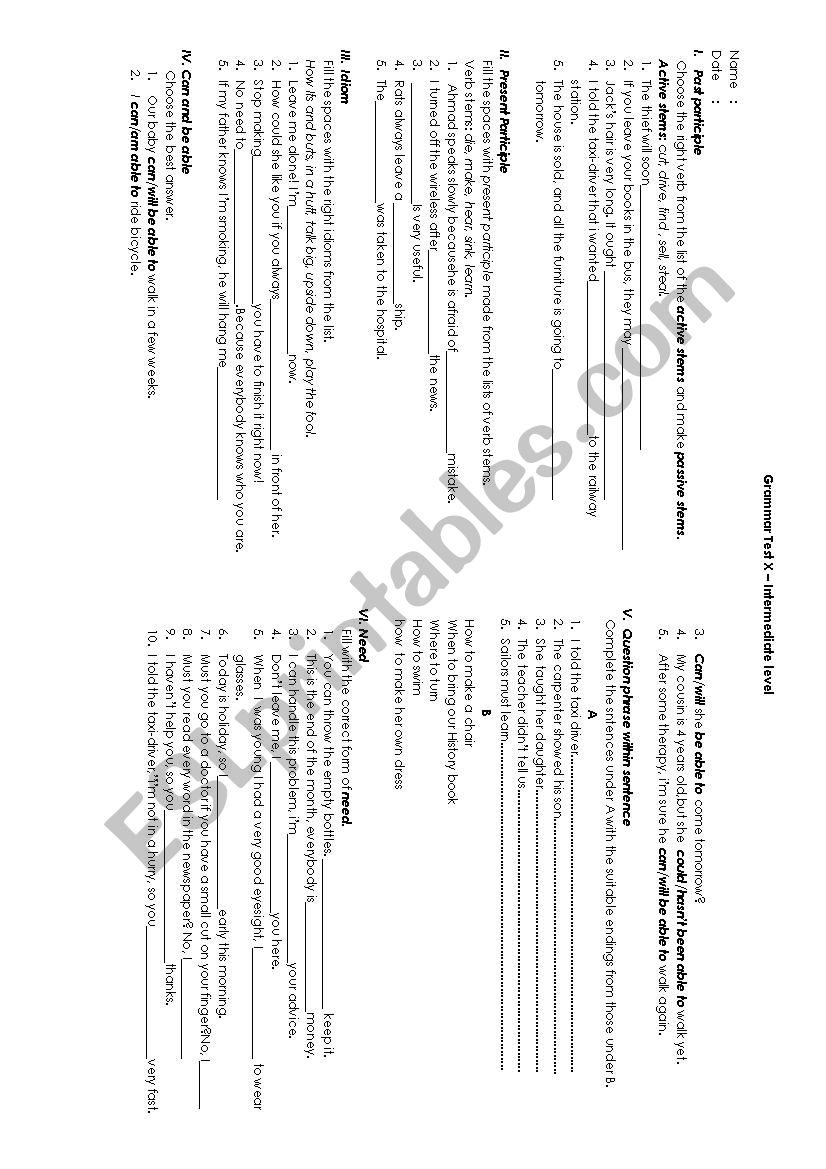 grammar test worksheet