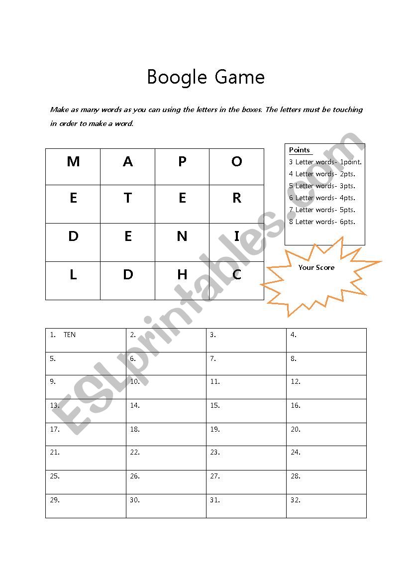 Boogle Game  worksheet