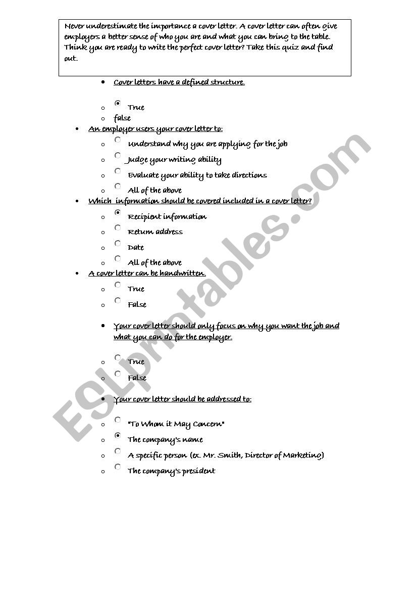 quiz covering letter worksheet