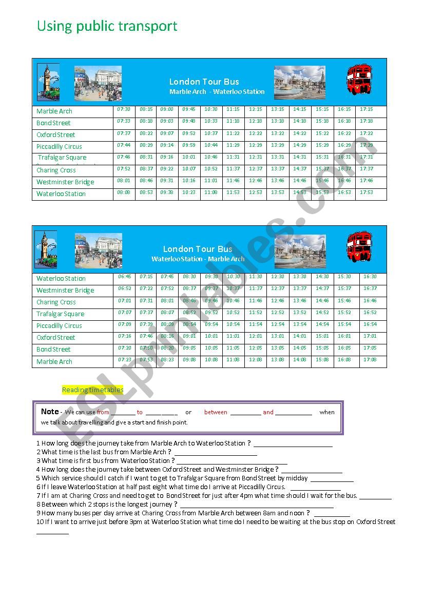 Public Transport in London worksheet