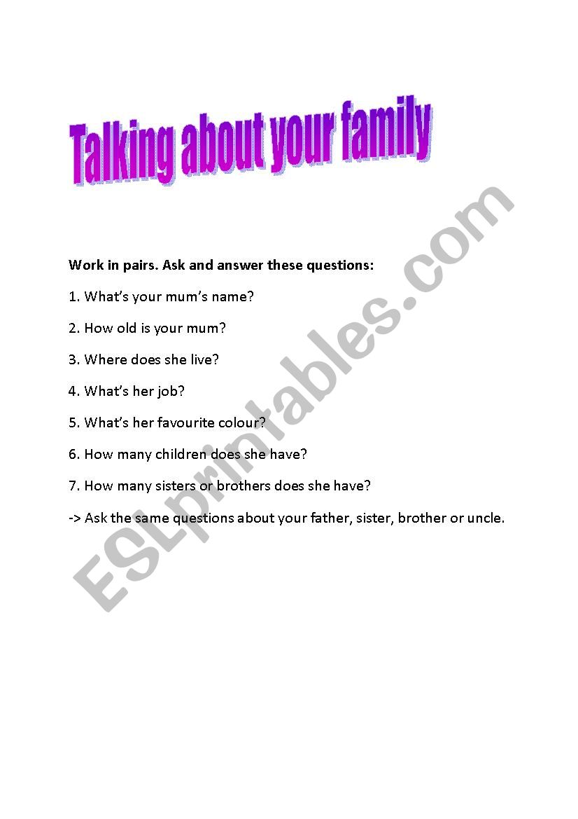 Talking about your family worksheet
