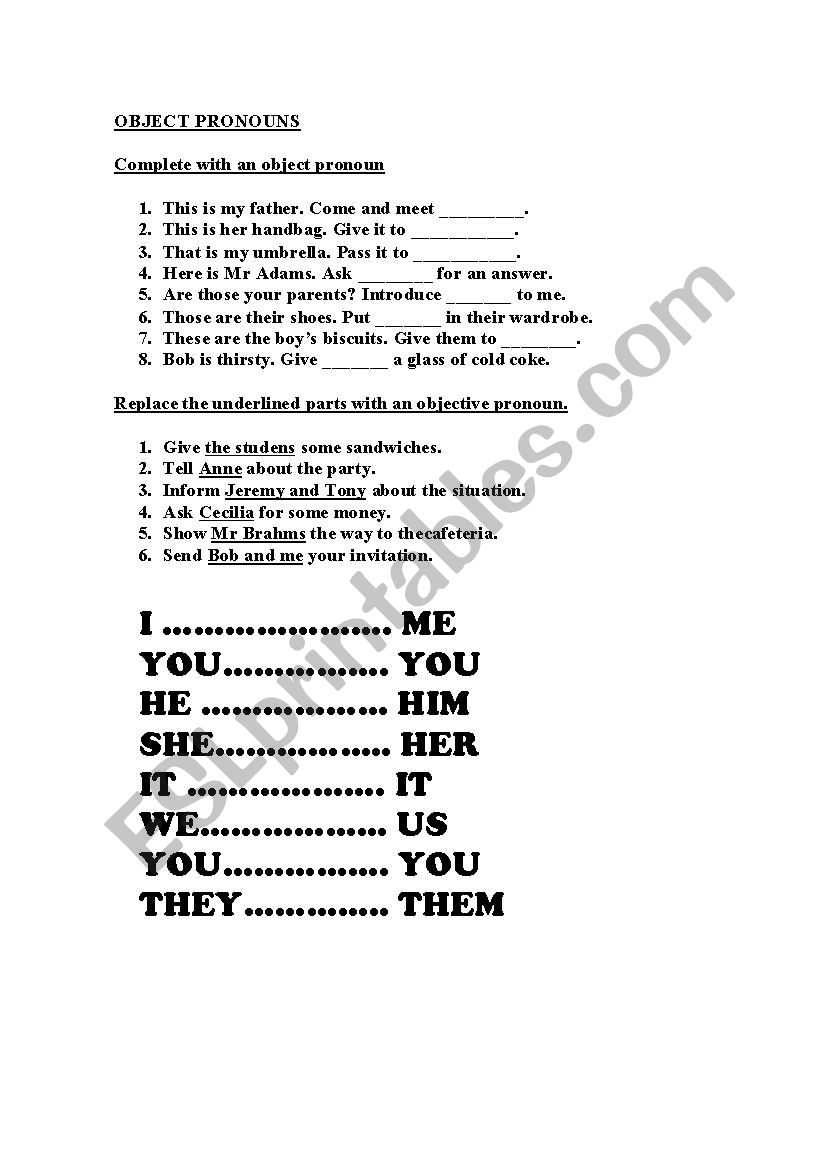 OBJECT PRONOUNS worksheet