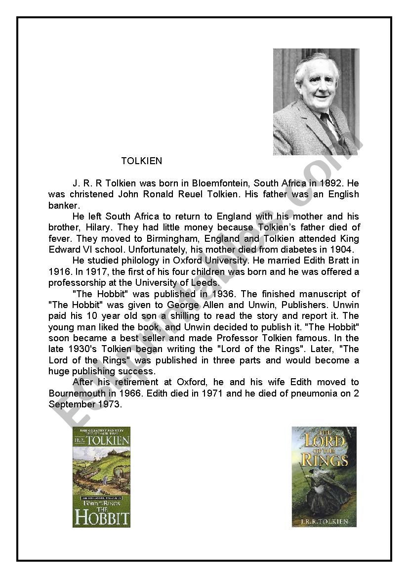 Tolkiens biography worksheet