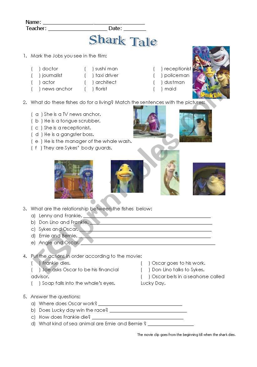 shark Tale - Movie Activity worksheet