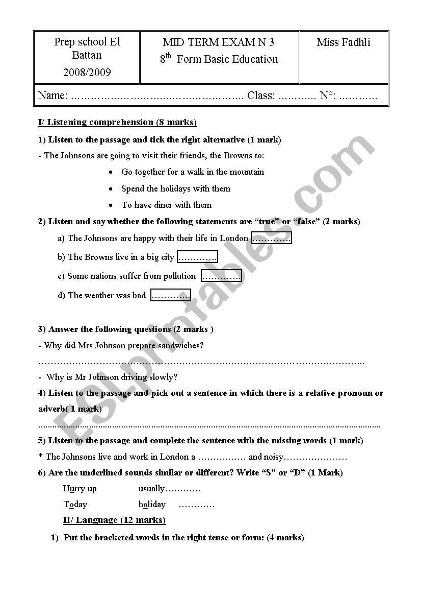 mid term test n3 8th form worksheet