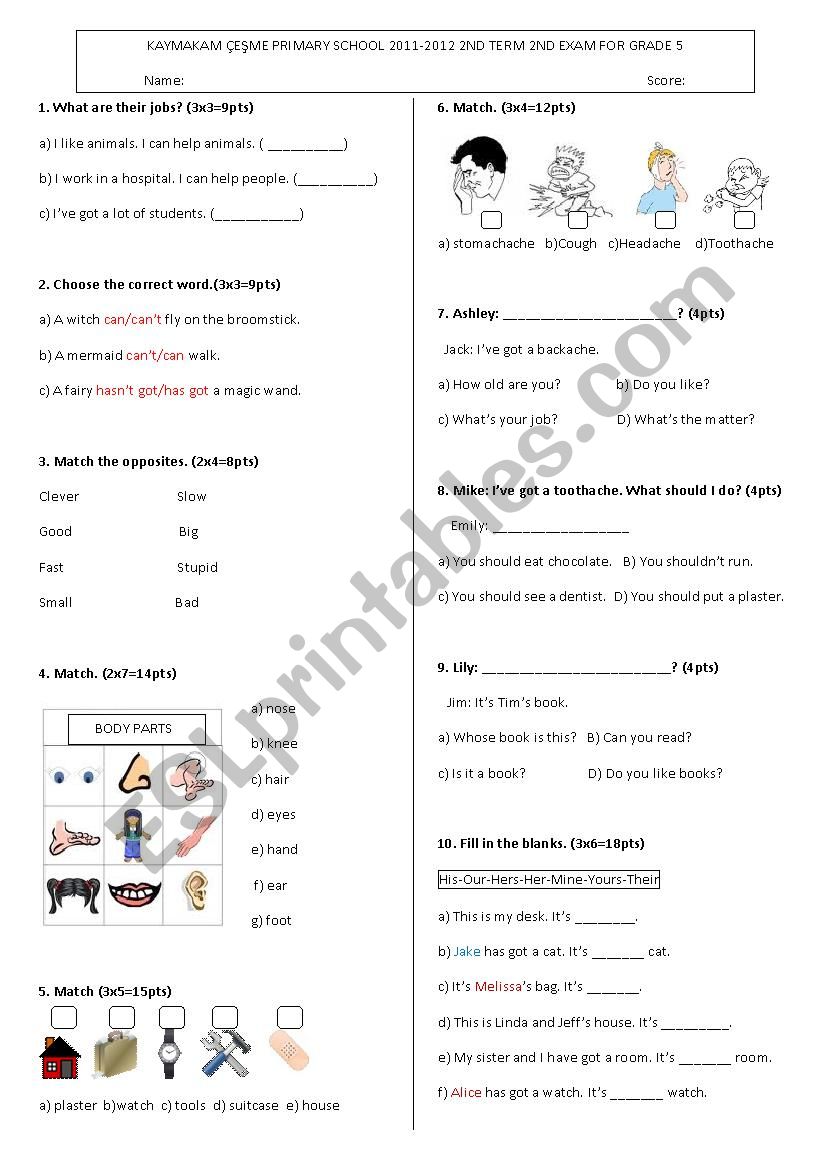 5th grade 2nd term 2nd exam. worksheet