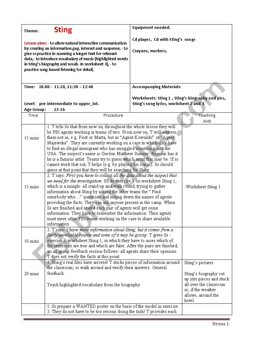 A lesson plan about sting worksheet