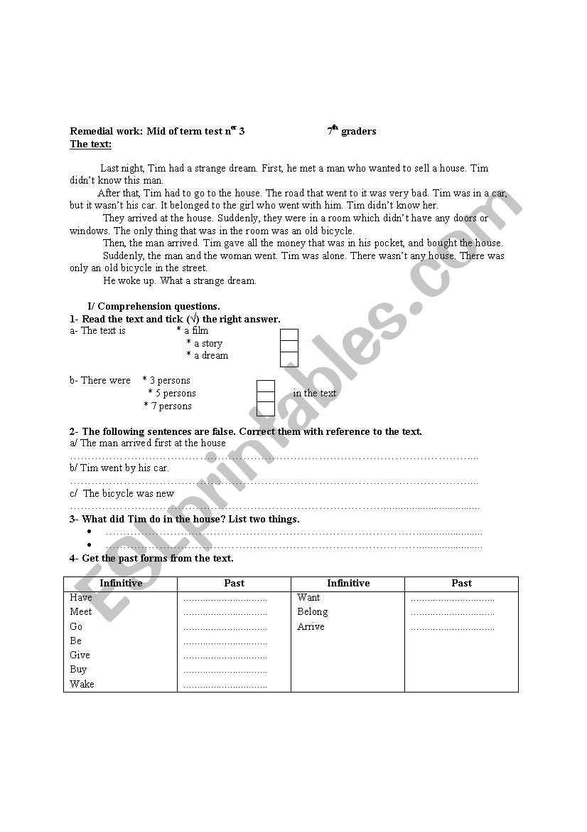 Remedial work: Mid of term test 3     (7th graders)