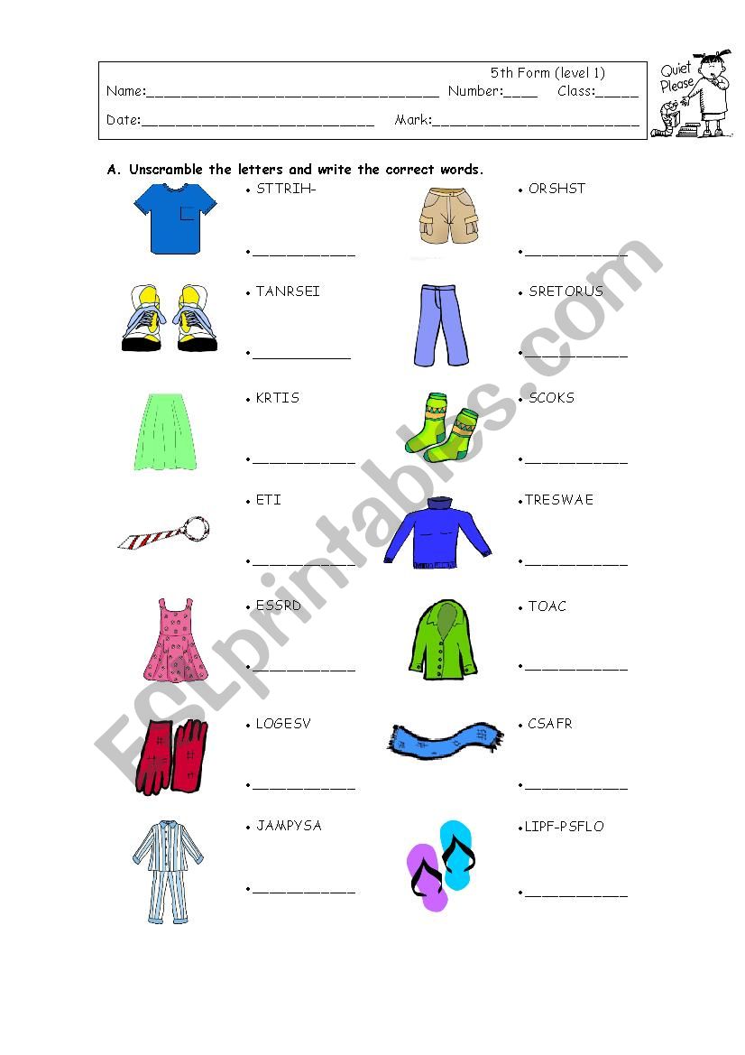 Clothes and colours worksheet