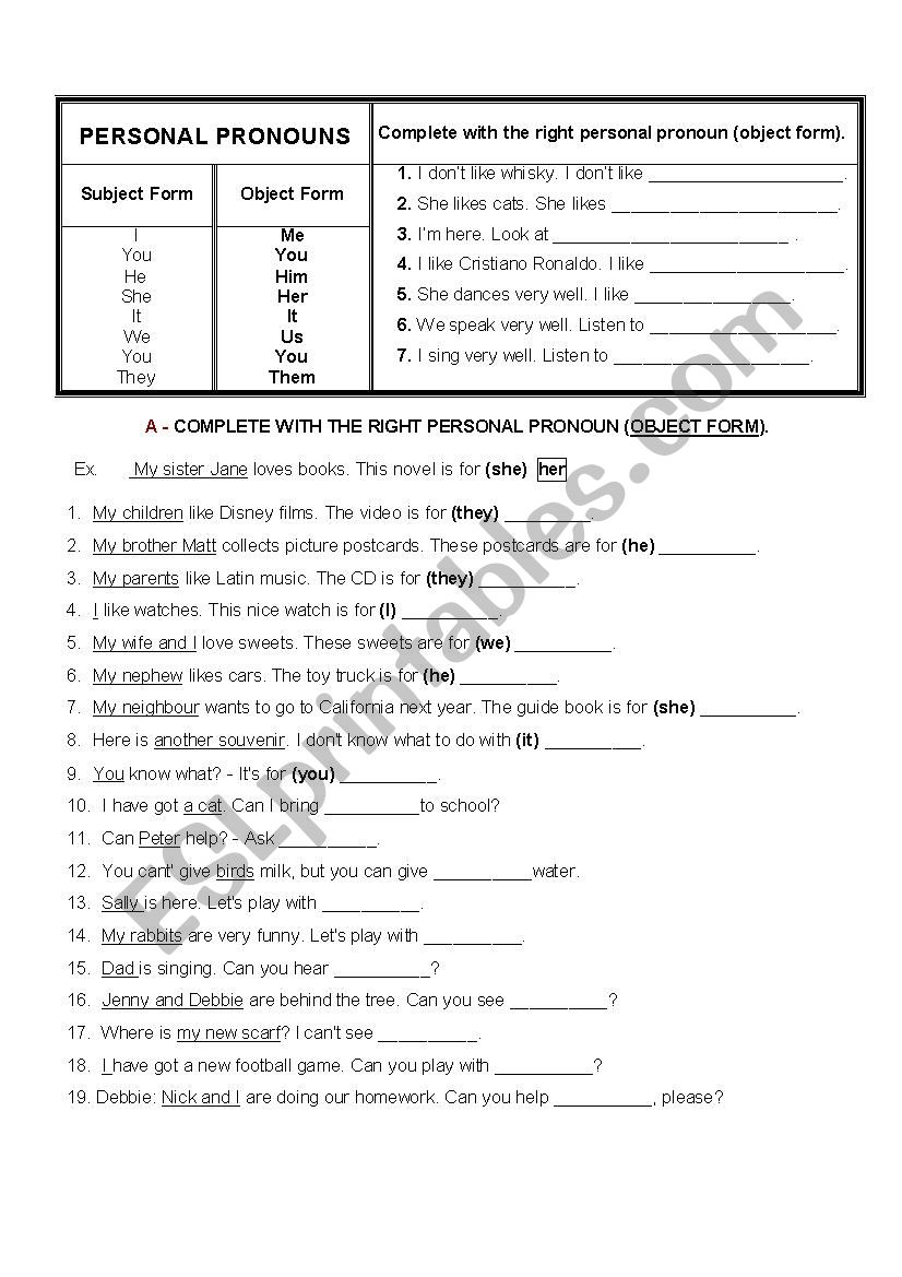 Personal Pronouns - Object Form