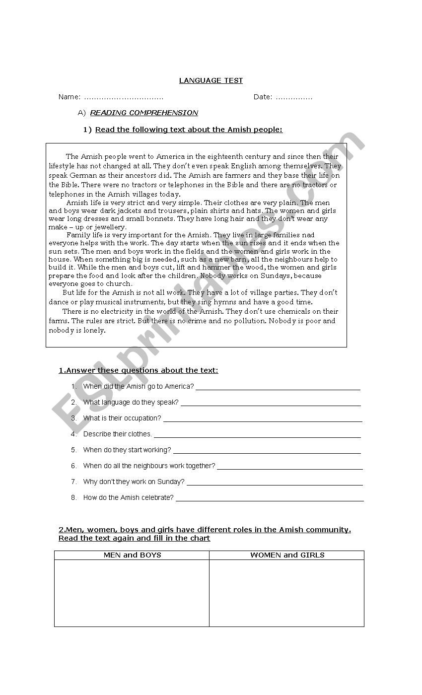 Language test worksheet