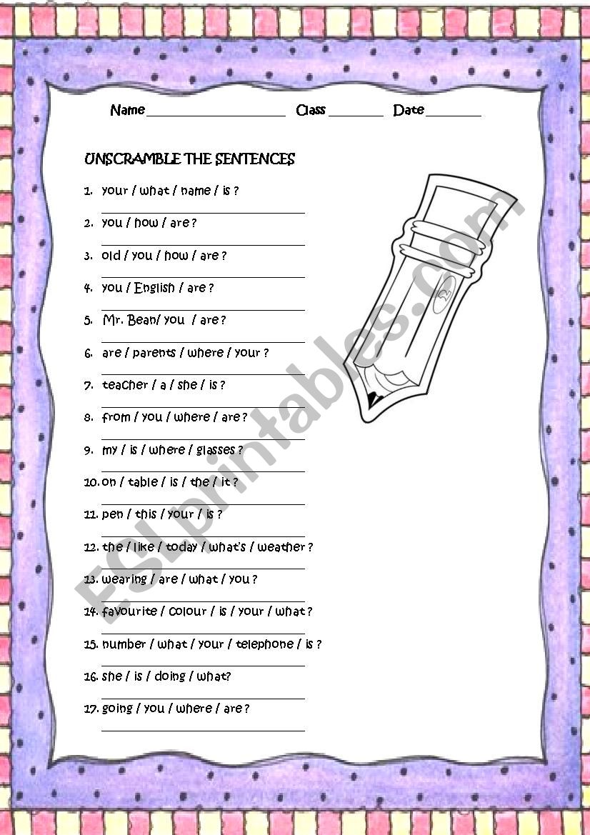 reorder the sentences worksheet