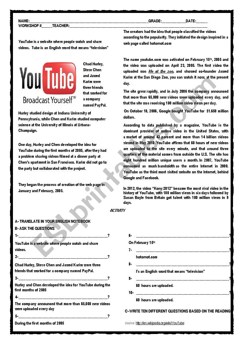 the history of youtube worksheet