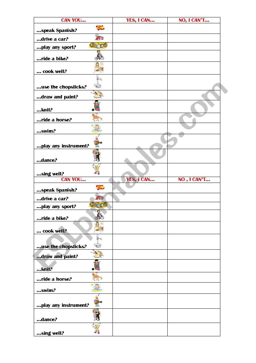 Can you...? Speaking activity worksheet