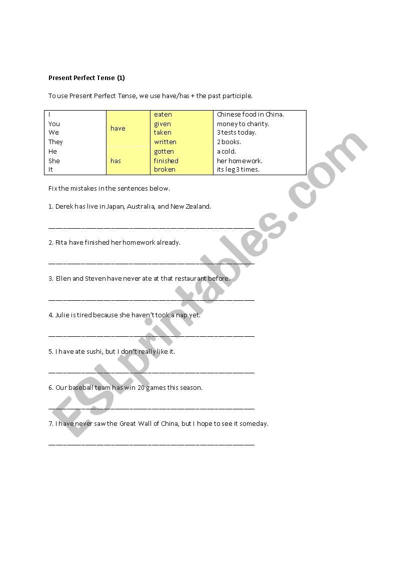 Present Perfect Tense Worksheet