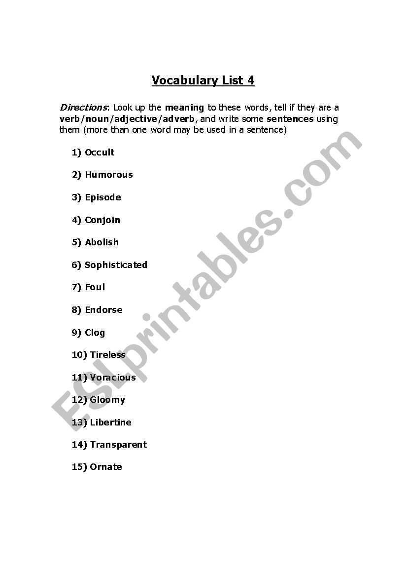 Vocab List 4 worksheet