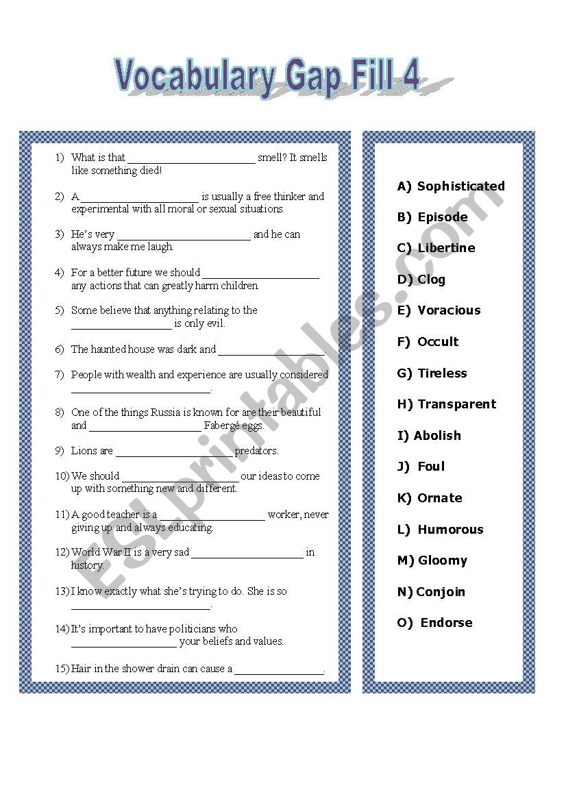 Vacab List 4 Gap Fill worksheet