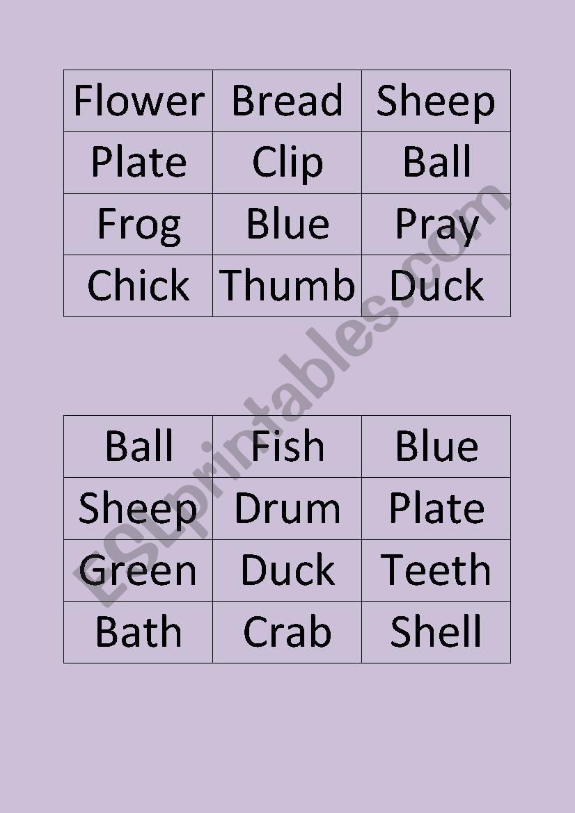 Consonant Blend Vocabulary Bingo Sheets