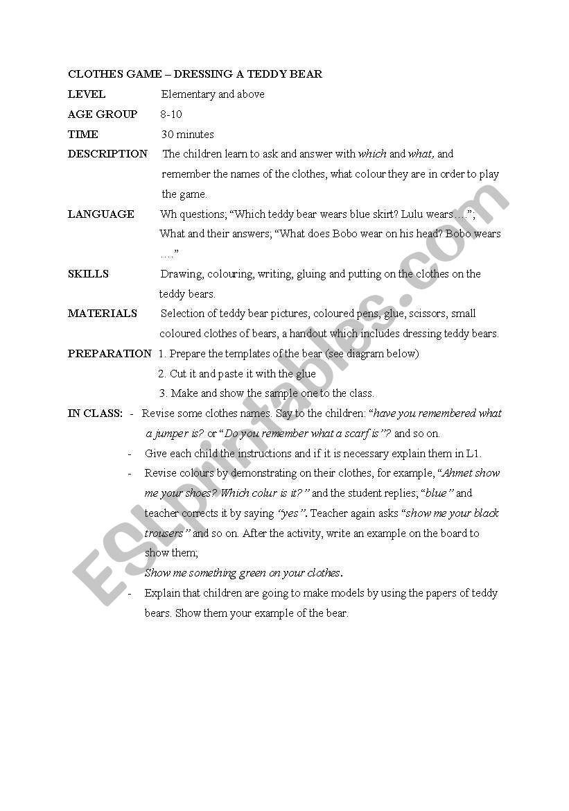 Lesson Plan Of a Clothes Game worksheet