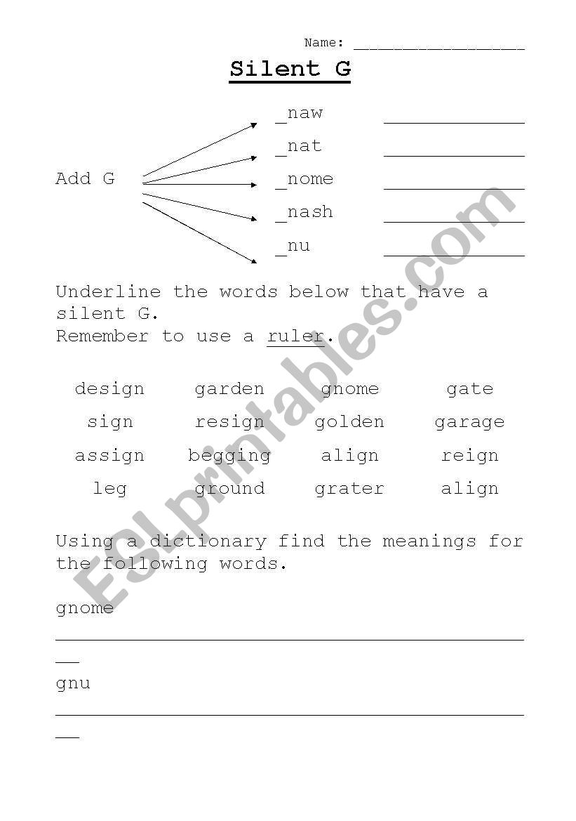 Silent G worksheet