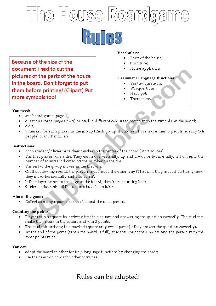 The House Boardgame worksheet