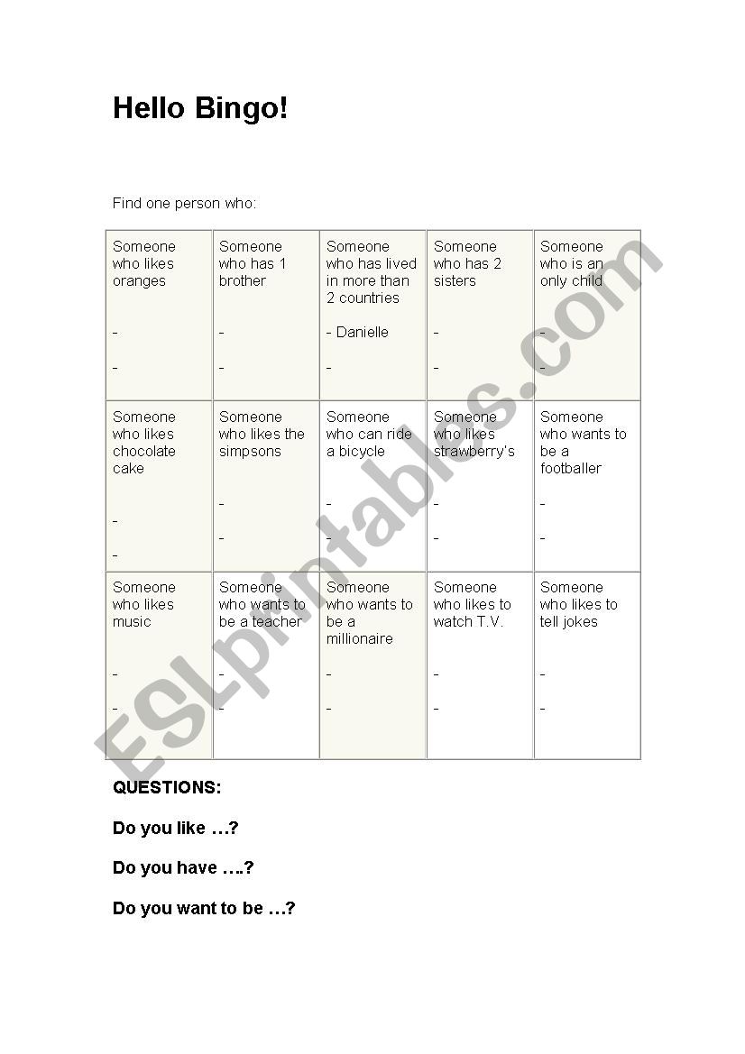 Hello Bingo worksheet