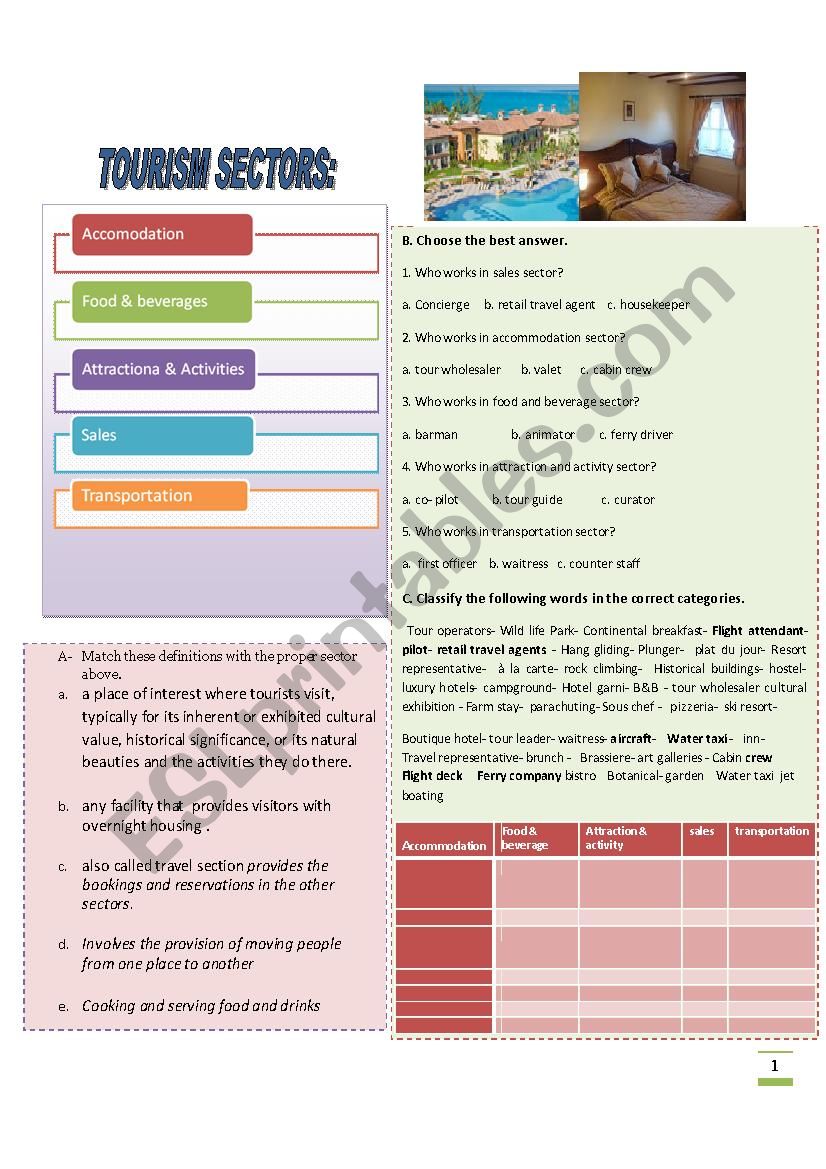 tourism sector worksheet