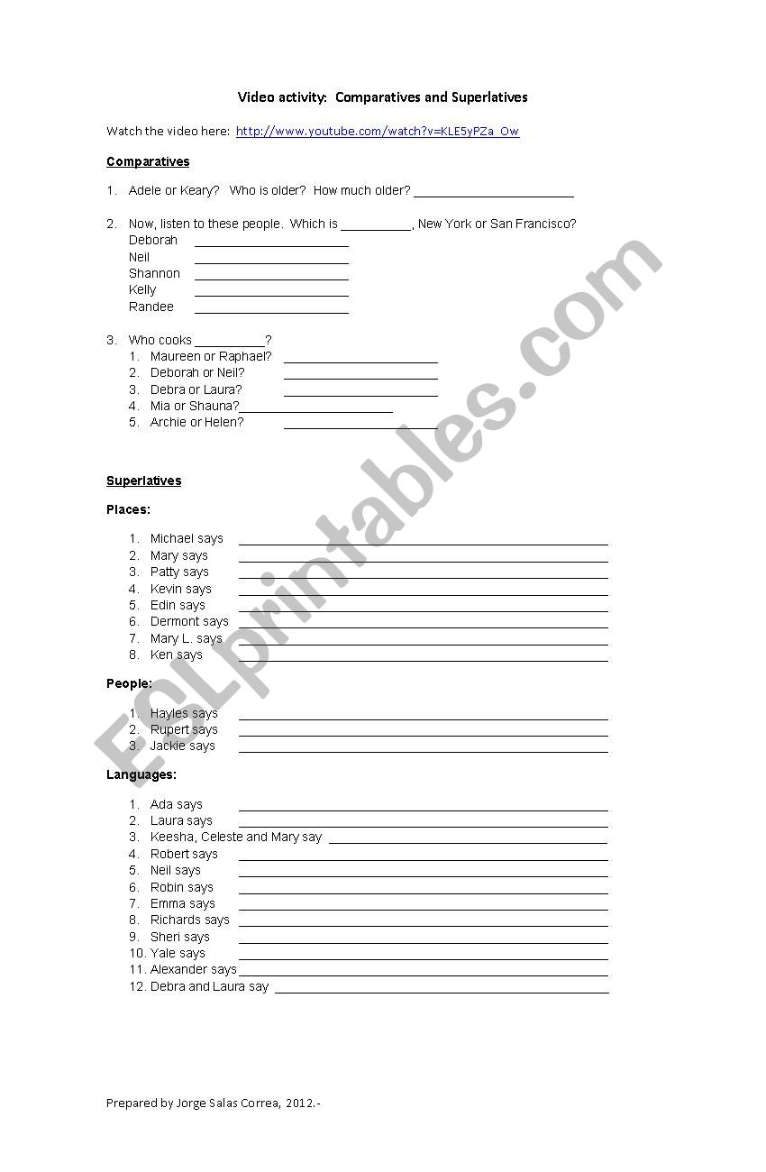 VIDEO ACTIVIY:  COMPARATIVES AND SUPERLATIVES