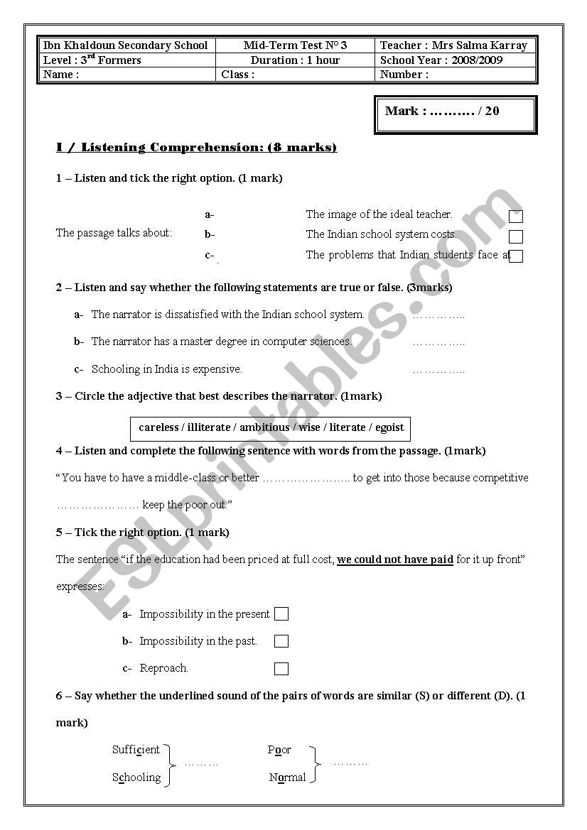 Mid-term test NÂ°3 ( third formers)