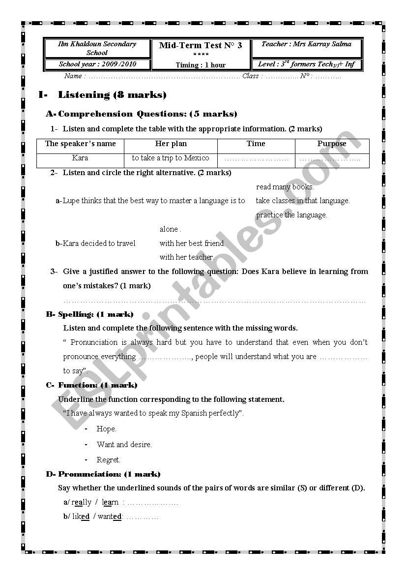 Mid-term test ( third formers)