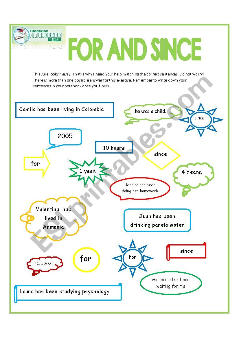 For and Since worksheet