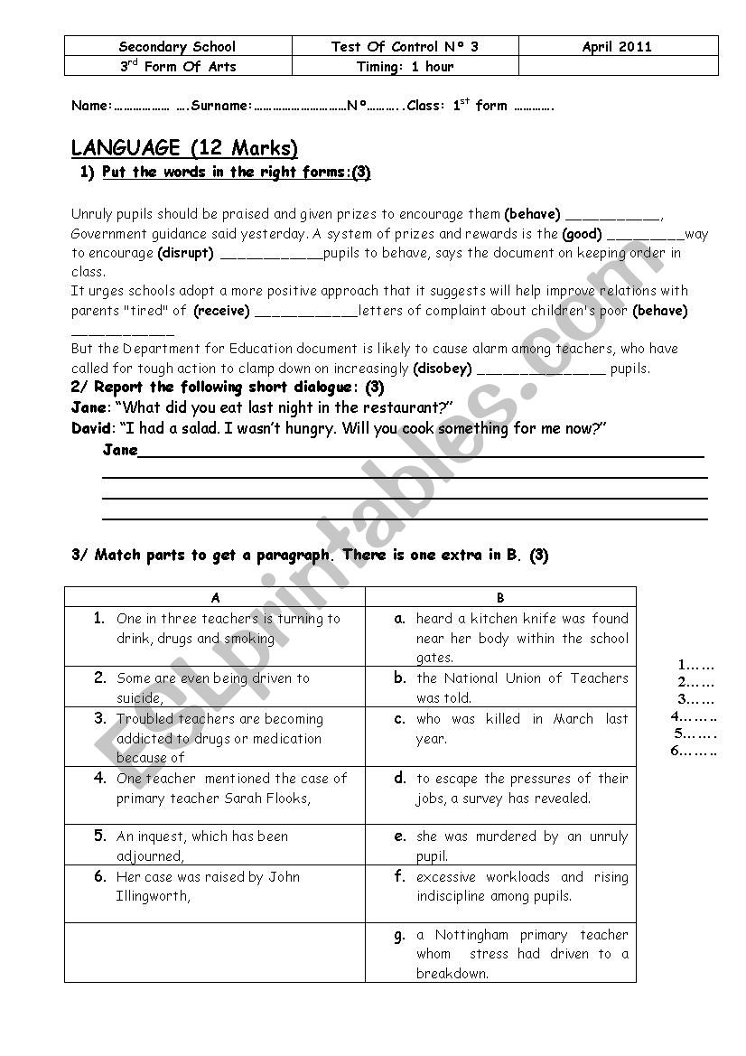 devoir de control worksheet