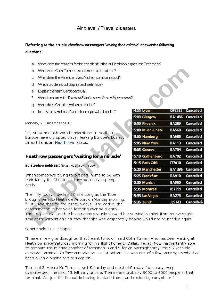 Travel Desasters worksheet