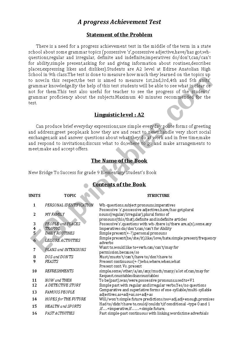 A2 Level-specifications with scoring procedure of grammar exam 