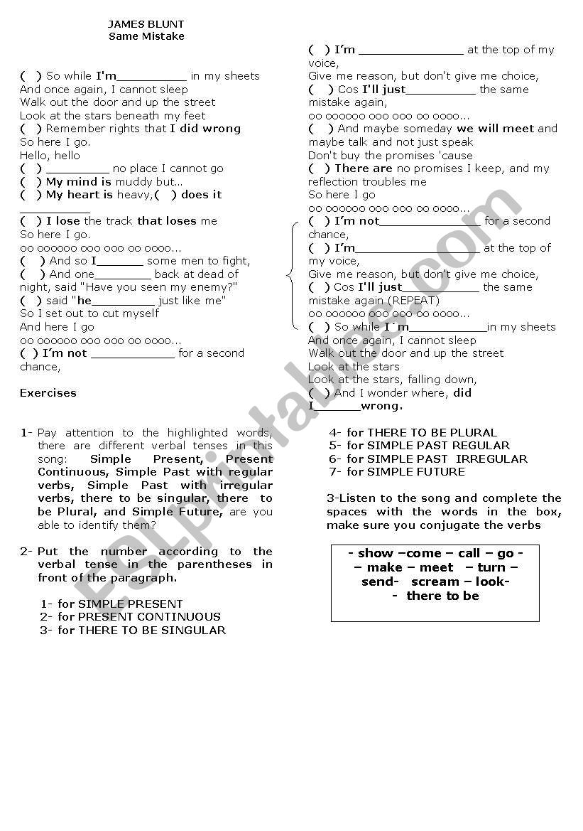 Song: Grammar test worksheet