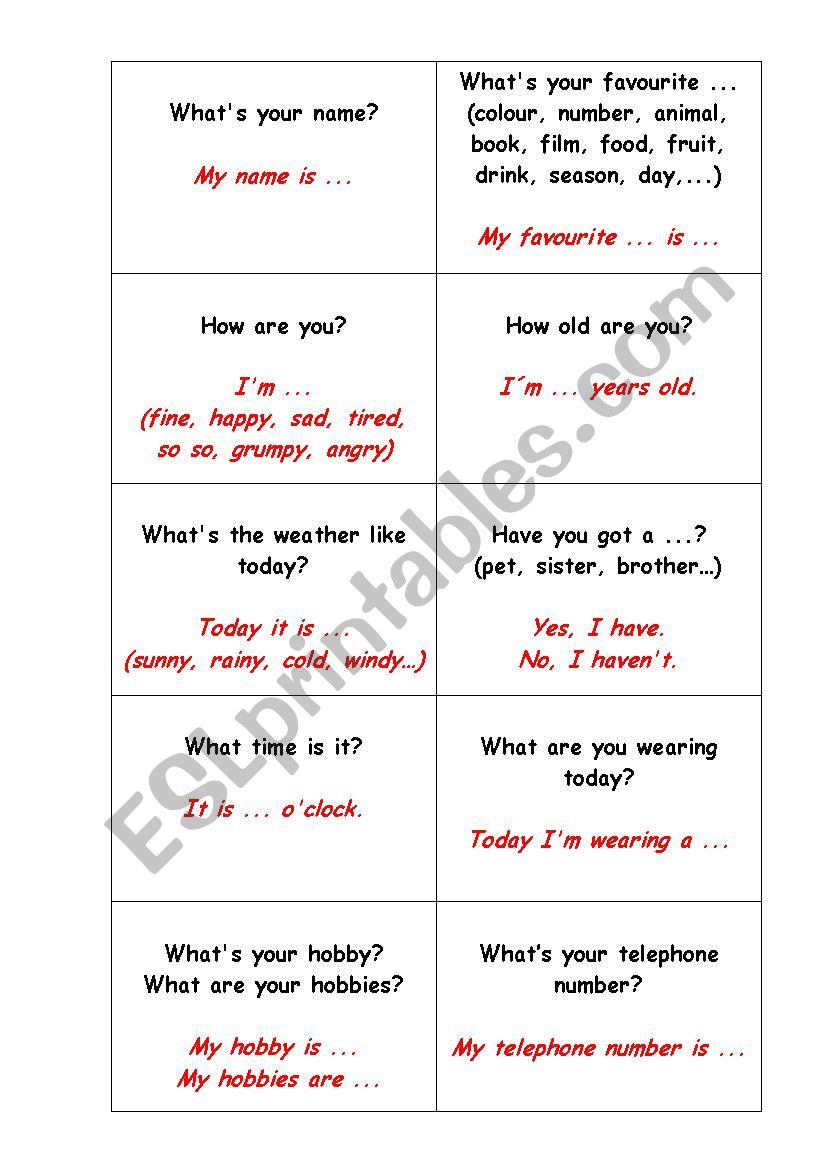 warming up - question cards worksheet