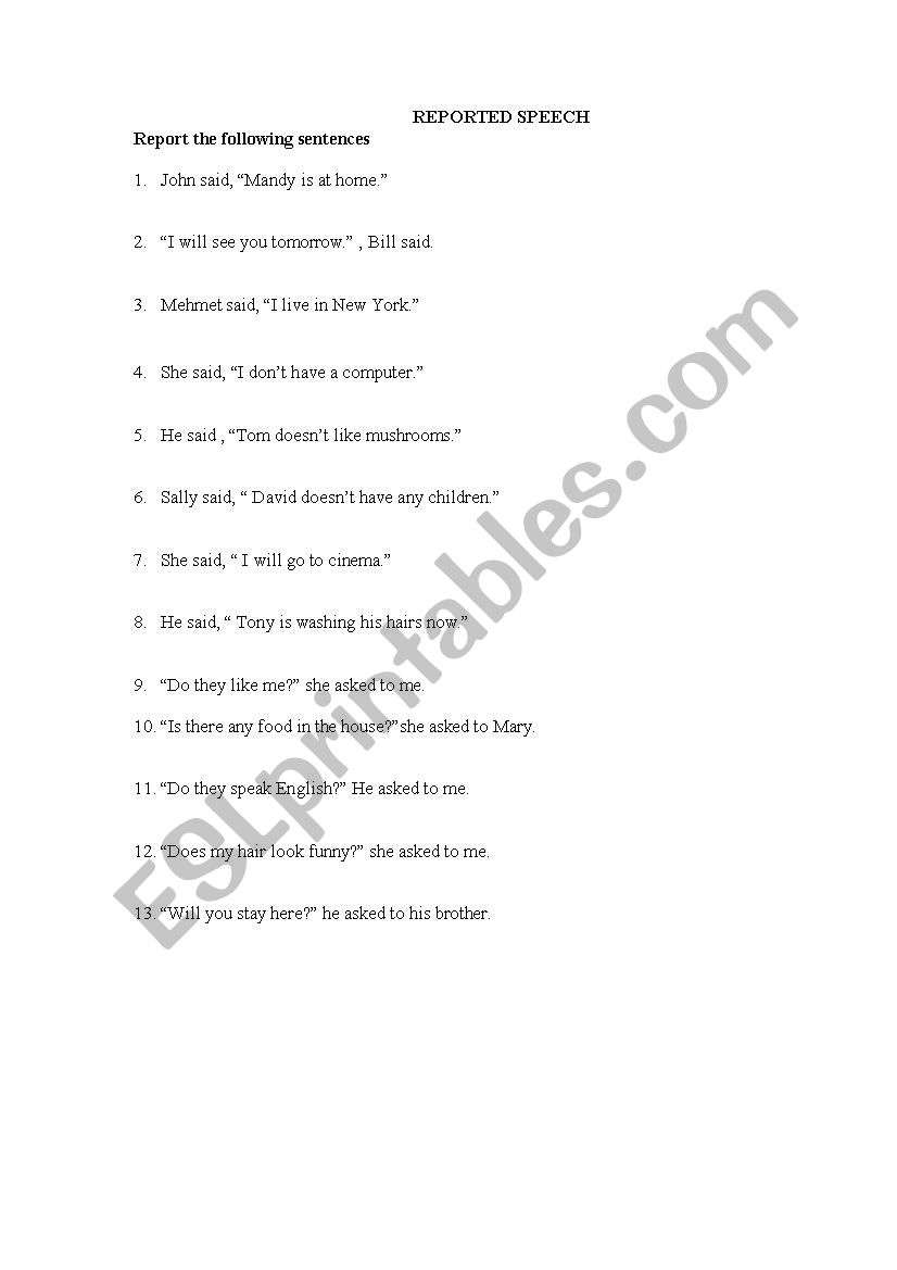 Reported Speech worksheet