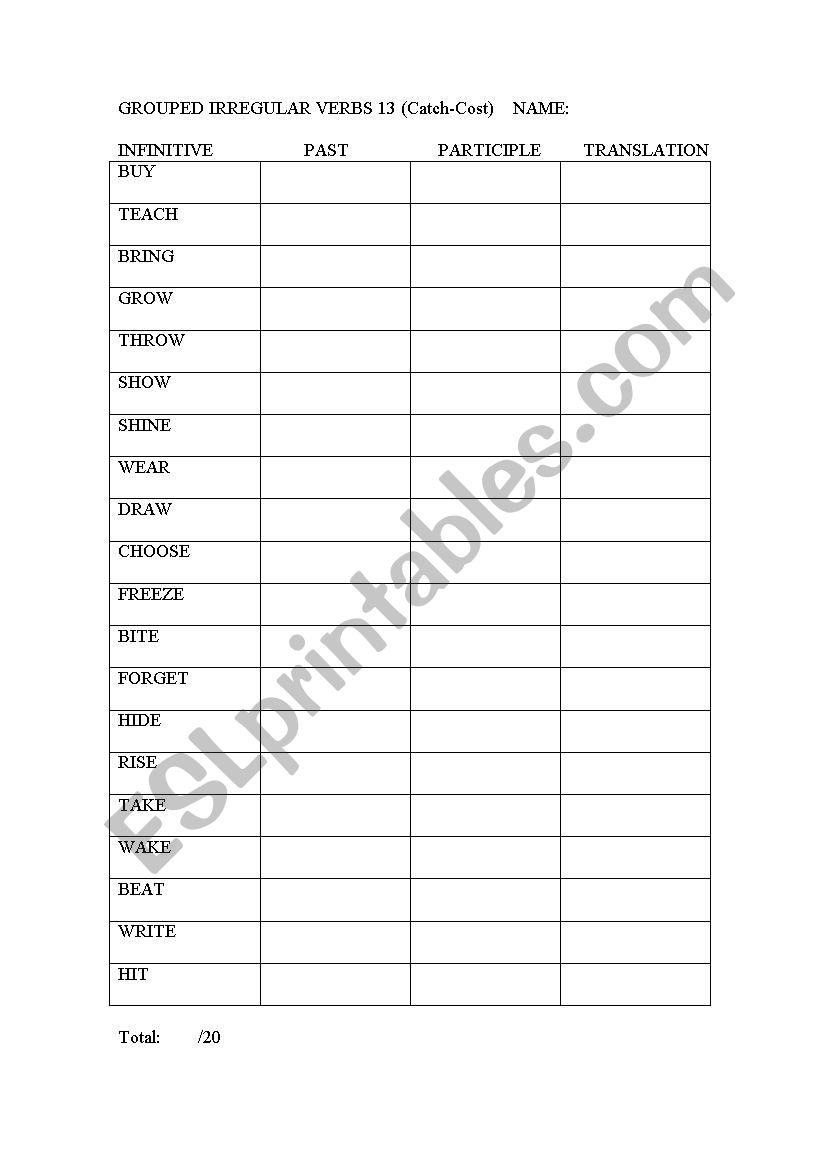 Irregular Verbs Test worksheet