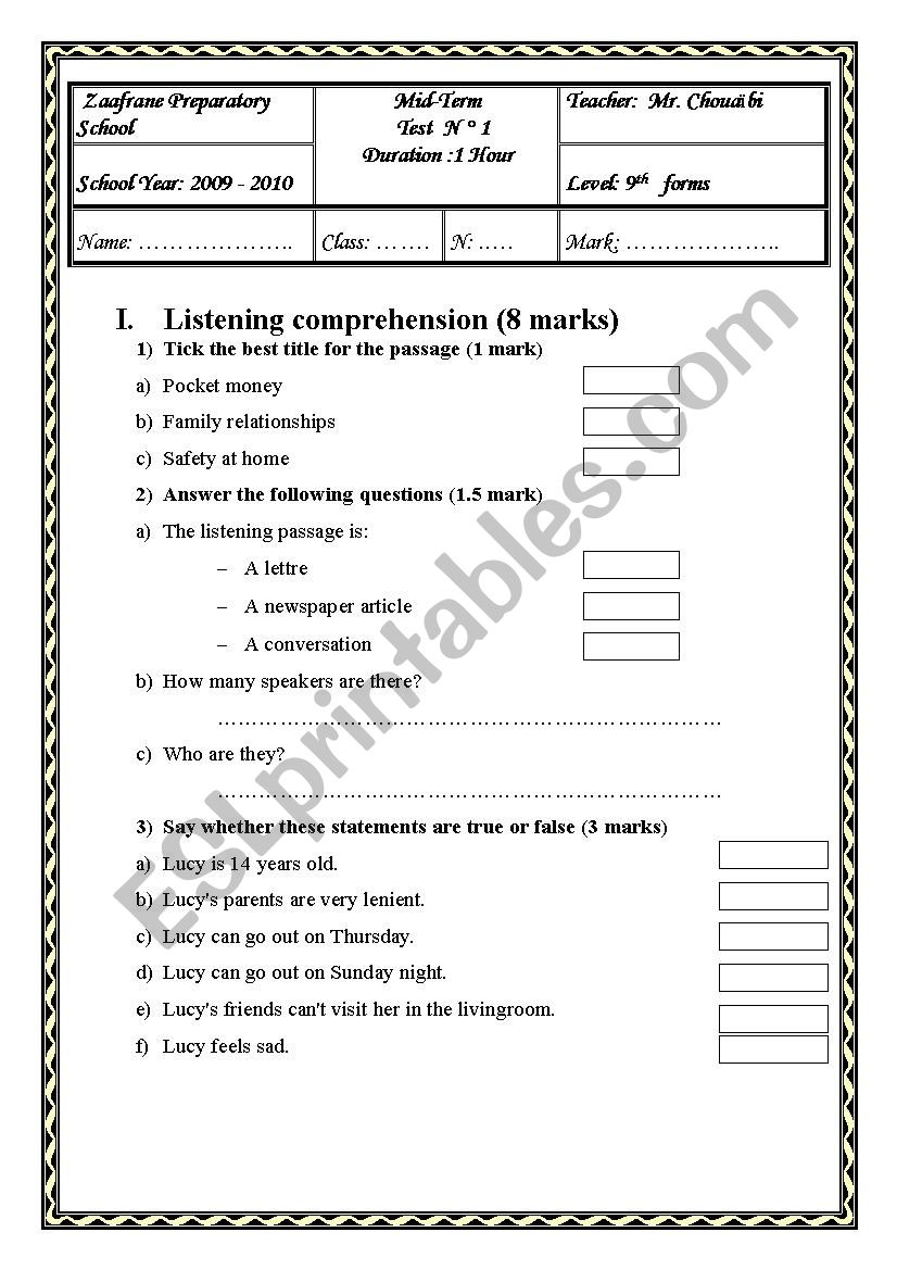 test worksheet