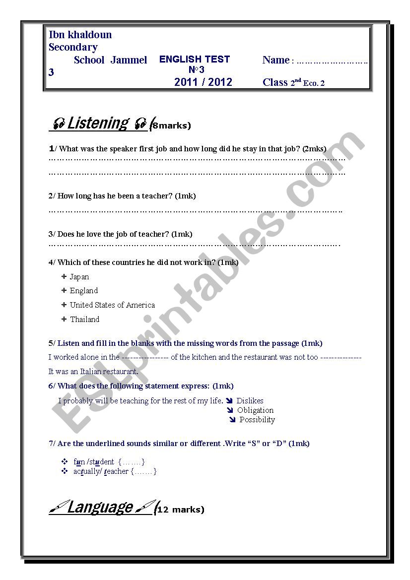 OEnglish test N3 worksheet
