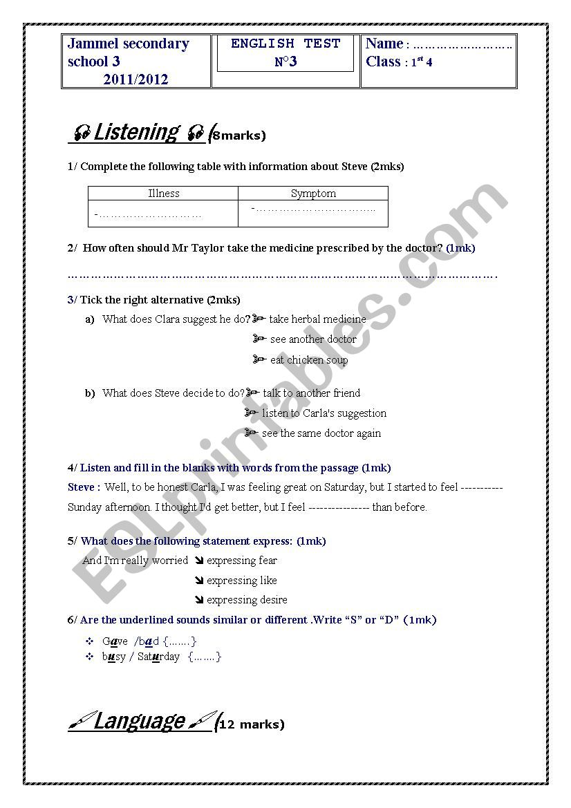 Englisg test N3 worksheet