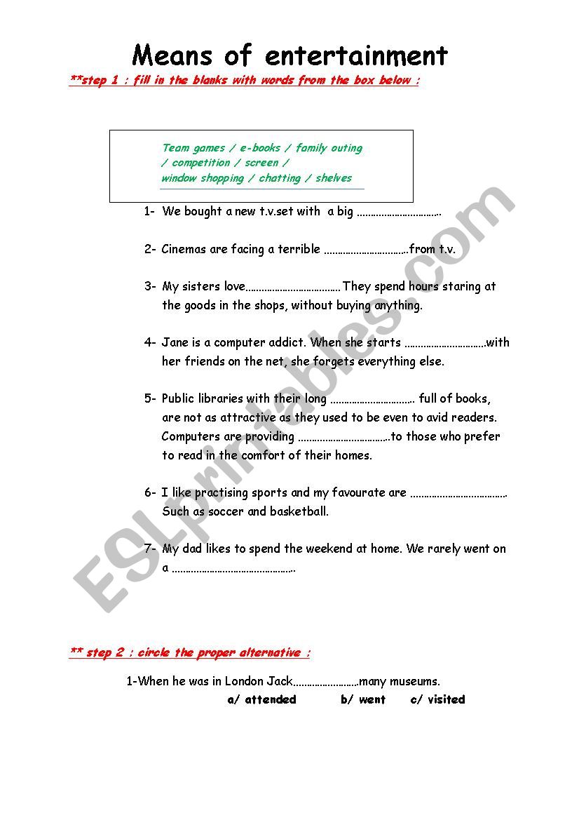 means of entertainment worksheet