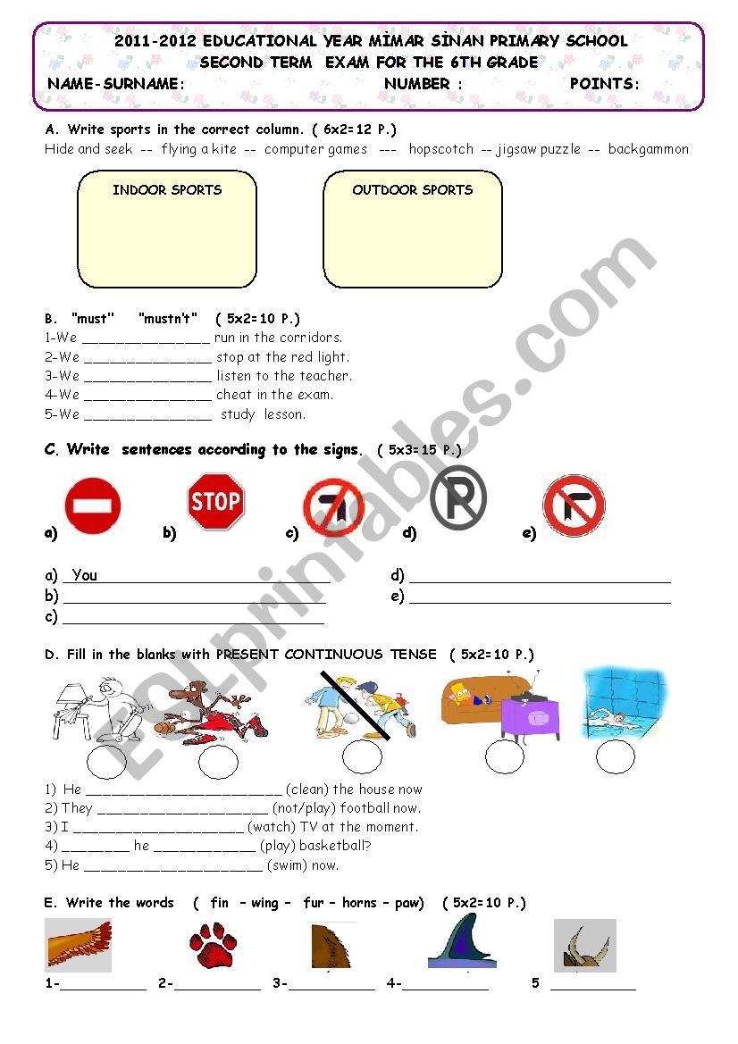 6. grade exam  worksheet